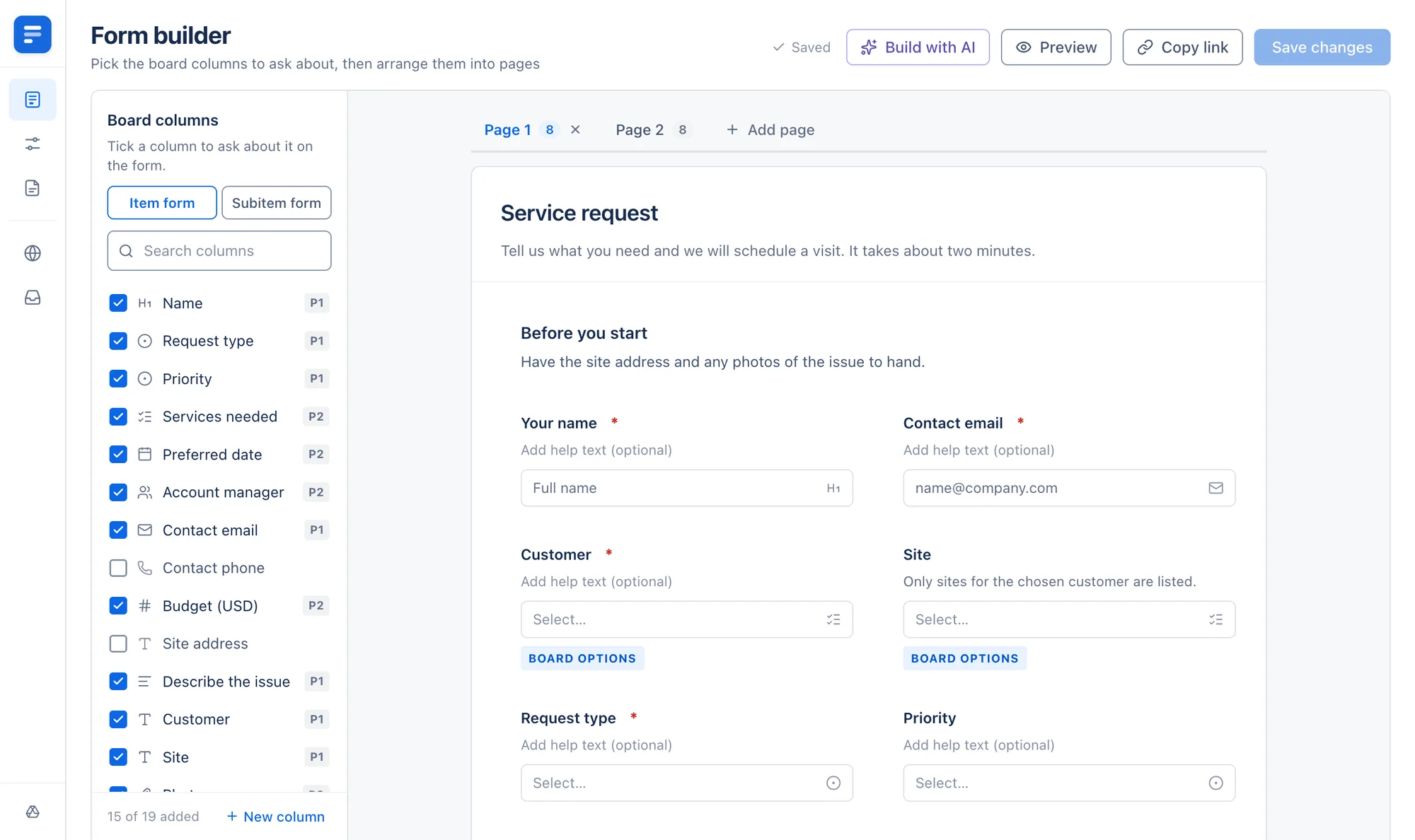 MasterForms form builder on a Service requests board: the board’s columns ticked on the left and the Service request form on the right