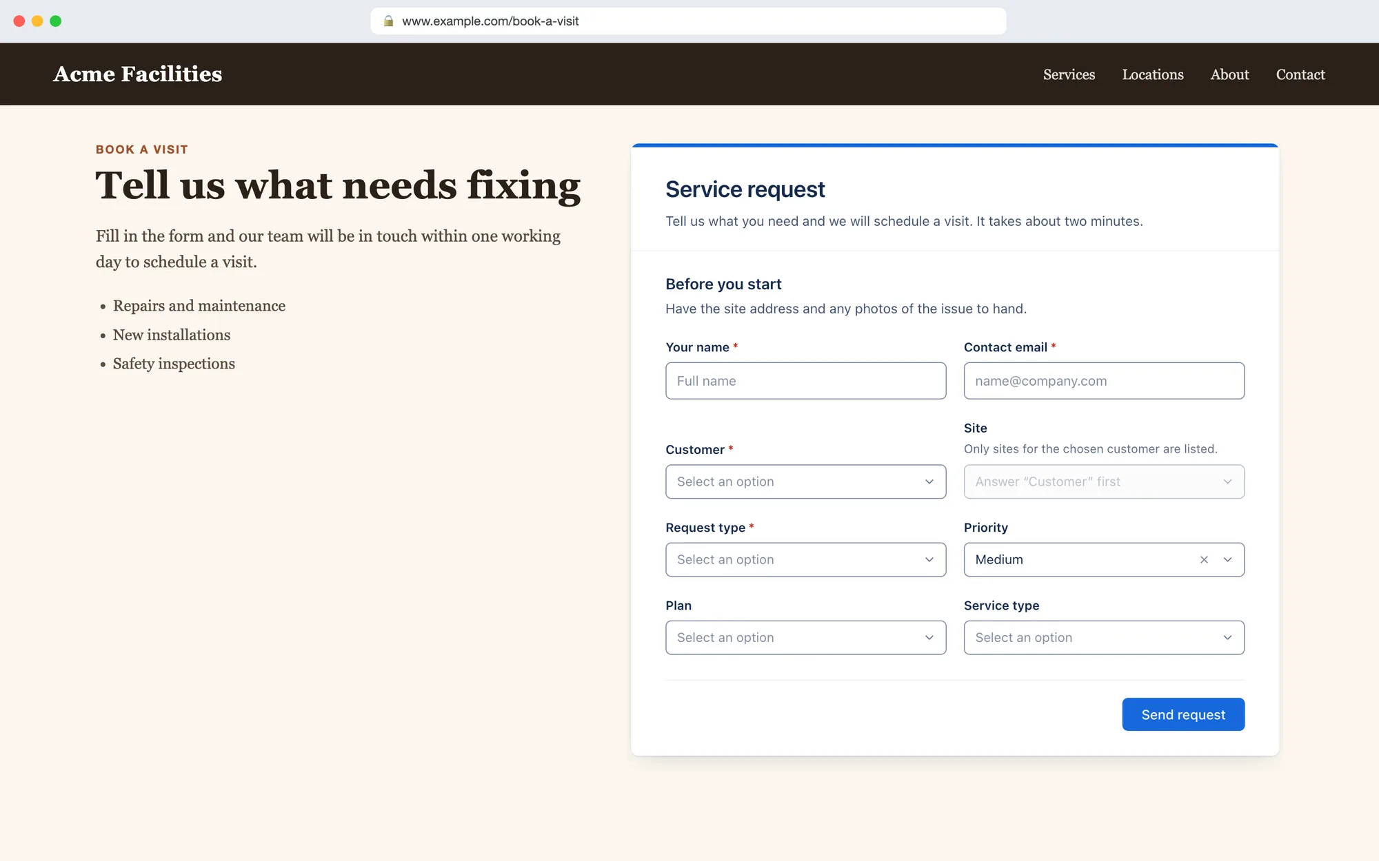 The form on a website, taking the page's width and background.