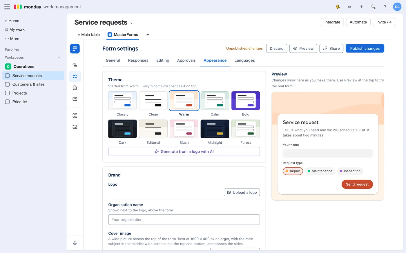 The Appearance tab of Form settings: the Warm theme is chosen, and the preview on the right shows it.