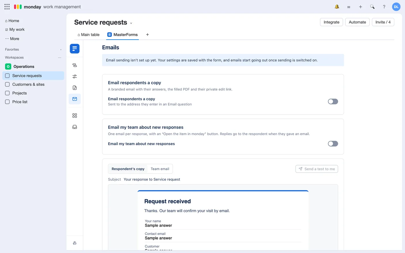 Emails: a copy for respondents and a note for your team, with a preview.