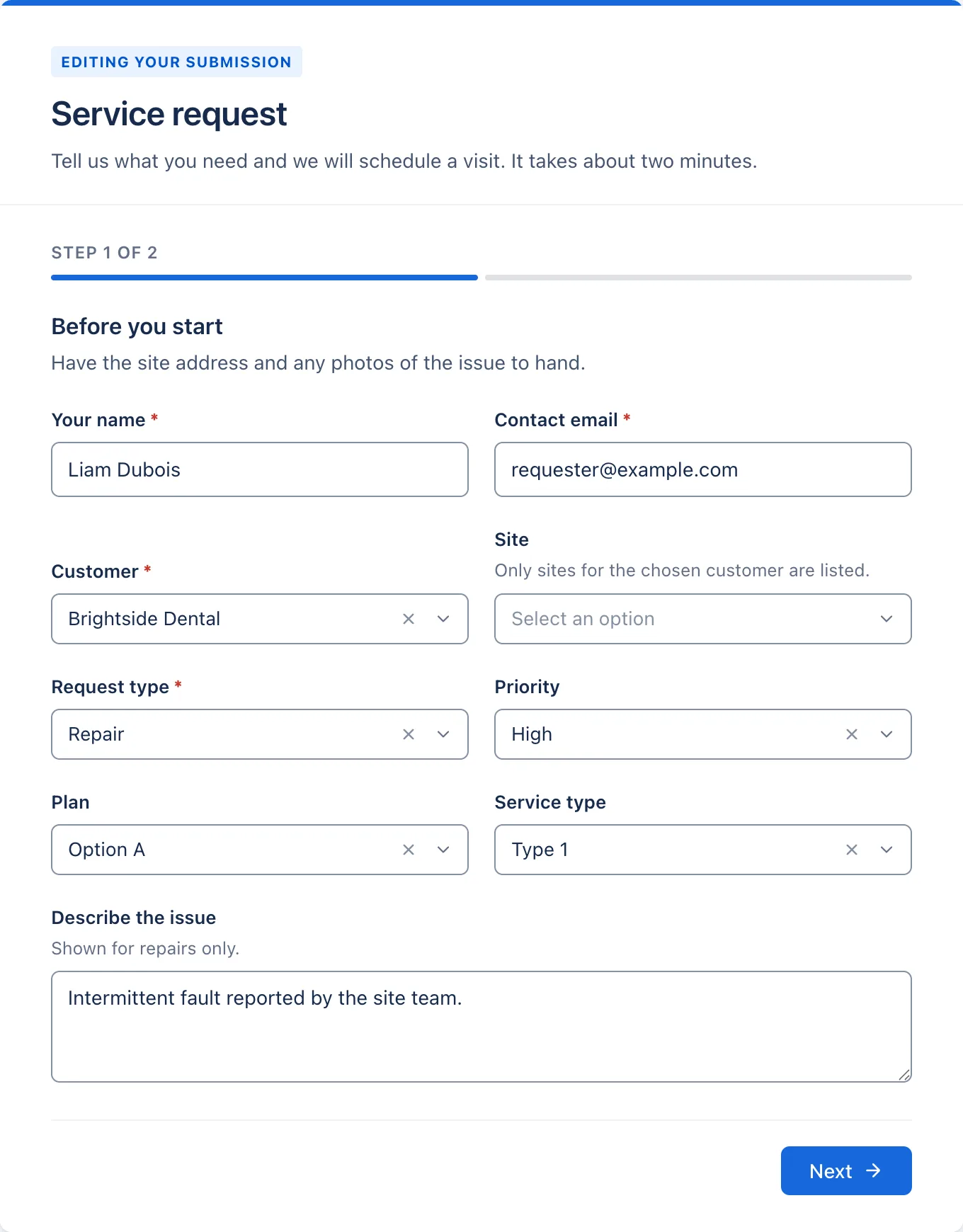 An edit link reopens the answers, marked "Editing your submission".