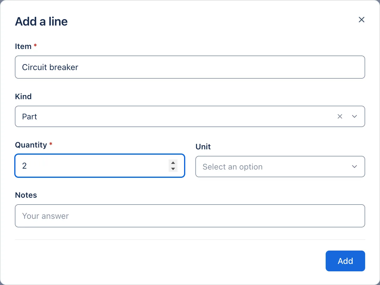 Add a line: the questions of the subitem form.