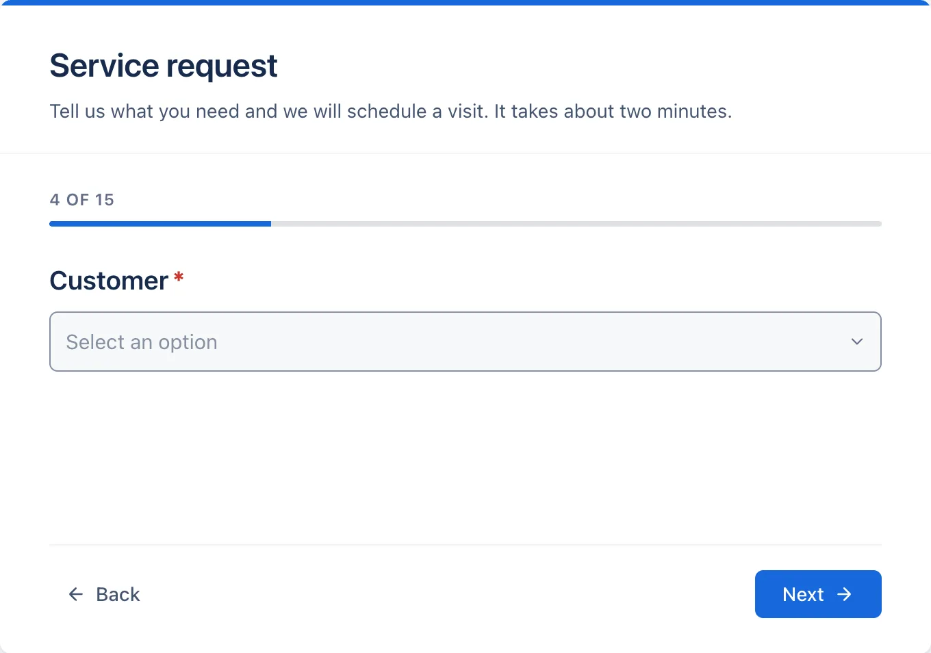 One question at a time, with a progress bar.
