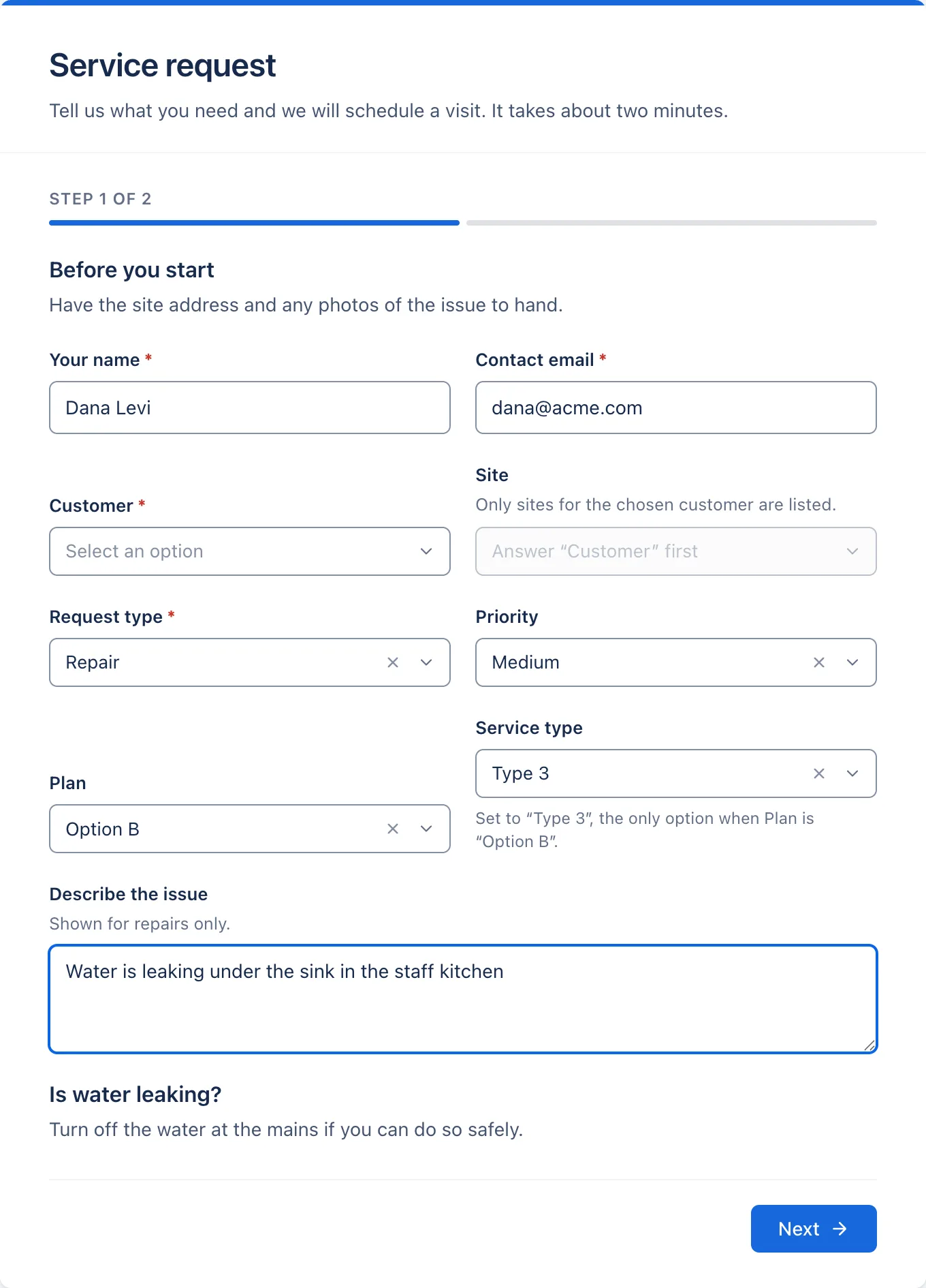 On the form: "Describe the issue" appears for repairs, a warning appears when the answer mentions a leak, and Option B picks Type 3 by itself.