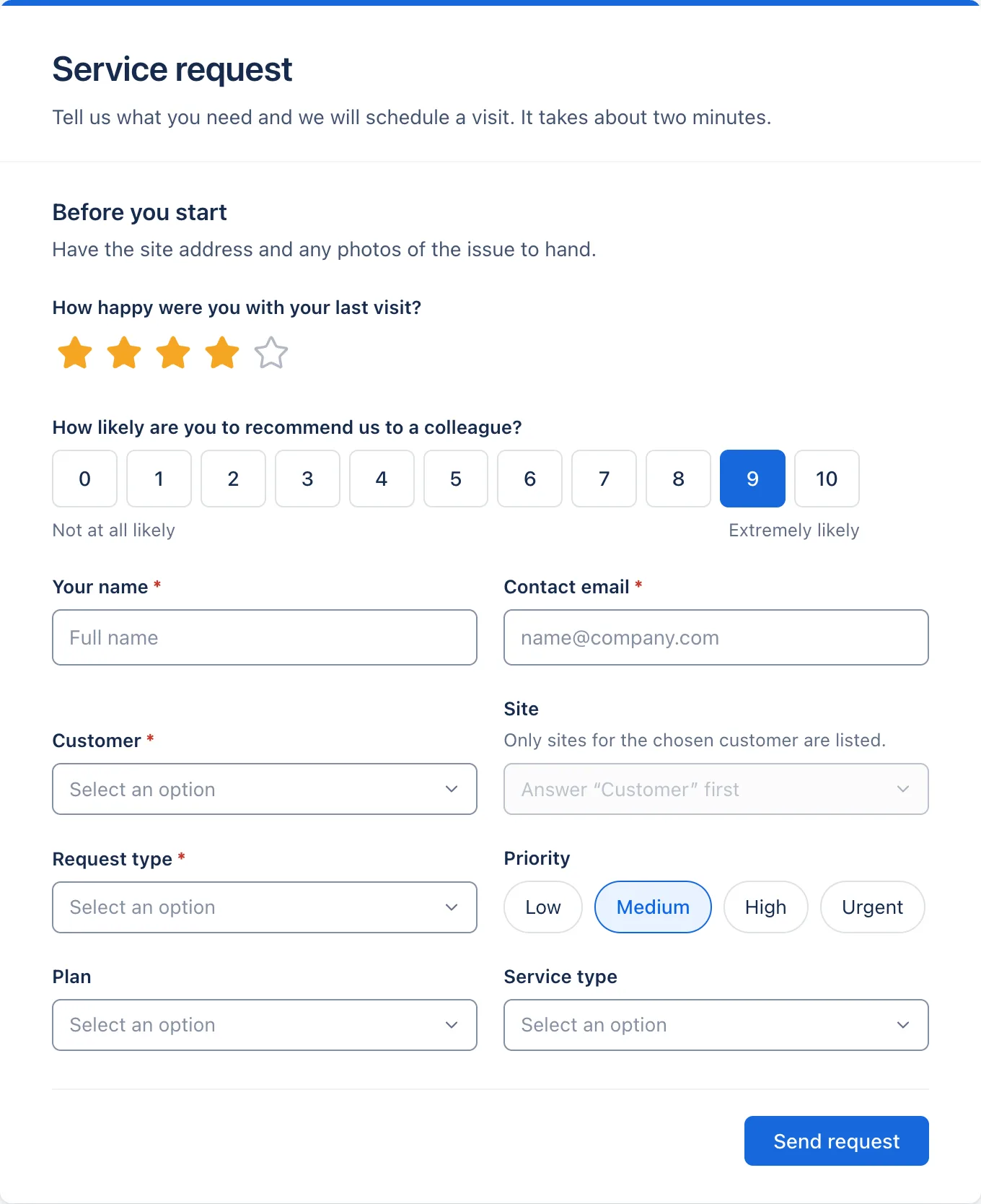 On the form: stars, a 0 to 10 scale and Priority as buttons.