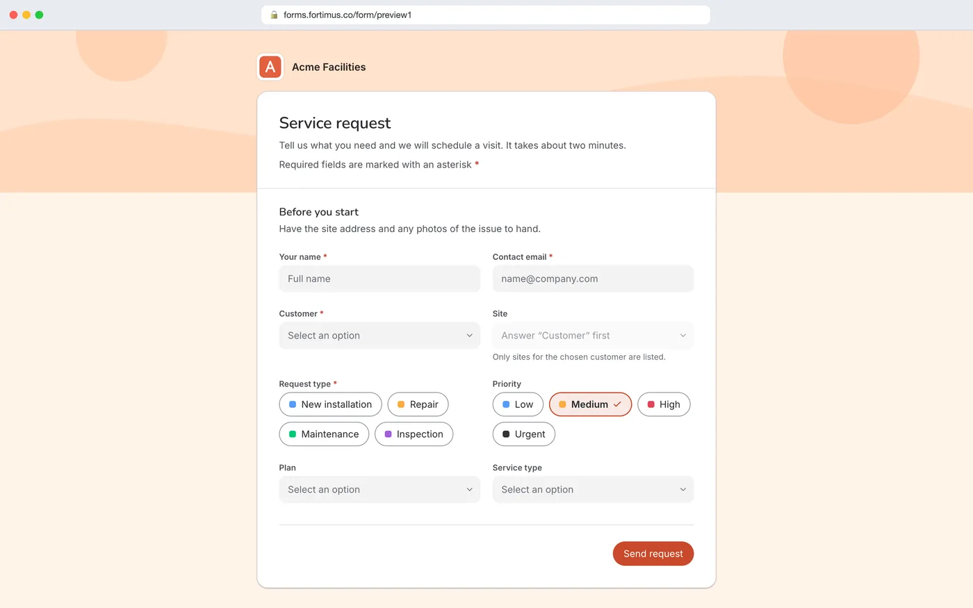 The Warm theme with a logo, an organisation name and label colours on Request type and Priority.