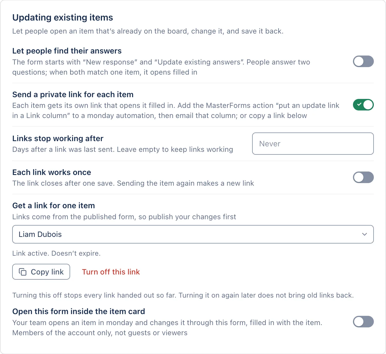 Get a link for one item: "Link active. Doesn't expire.", with Copy link and Turn off this link.