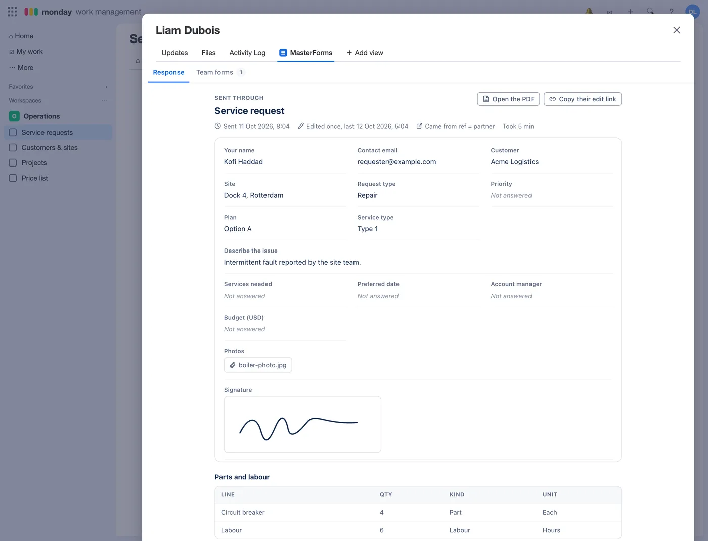 The Response tab: sent through Service request, edited once, from a partner link, with every answer, the signature and the line items.