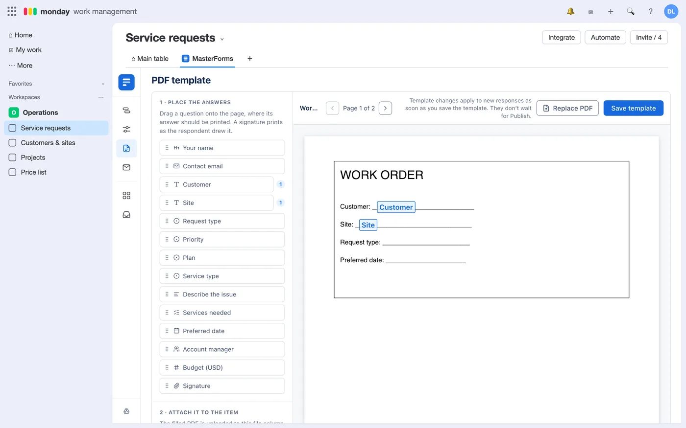 The PDF template: drag answers onto the page, choose the file column and the Drive folder.