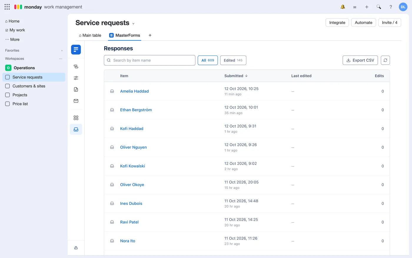 Responses: search, the Edited filter and Export CSV.