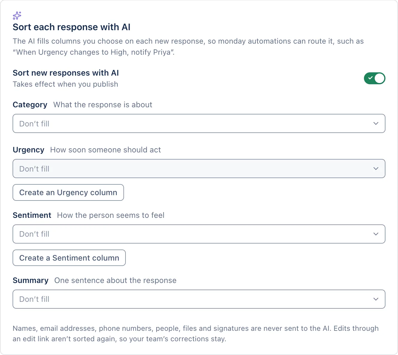 Sort each response with AI: Category, Urgency, Sentiment and Summary.