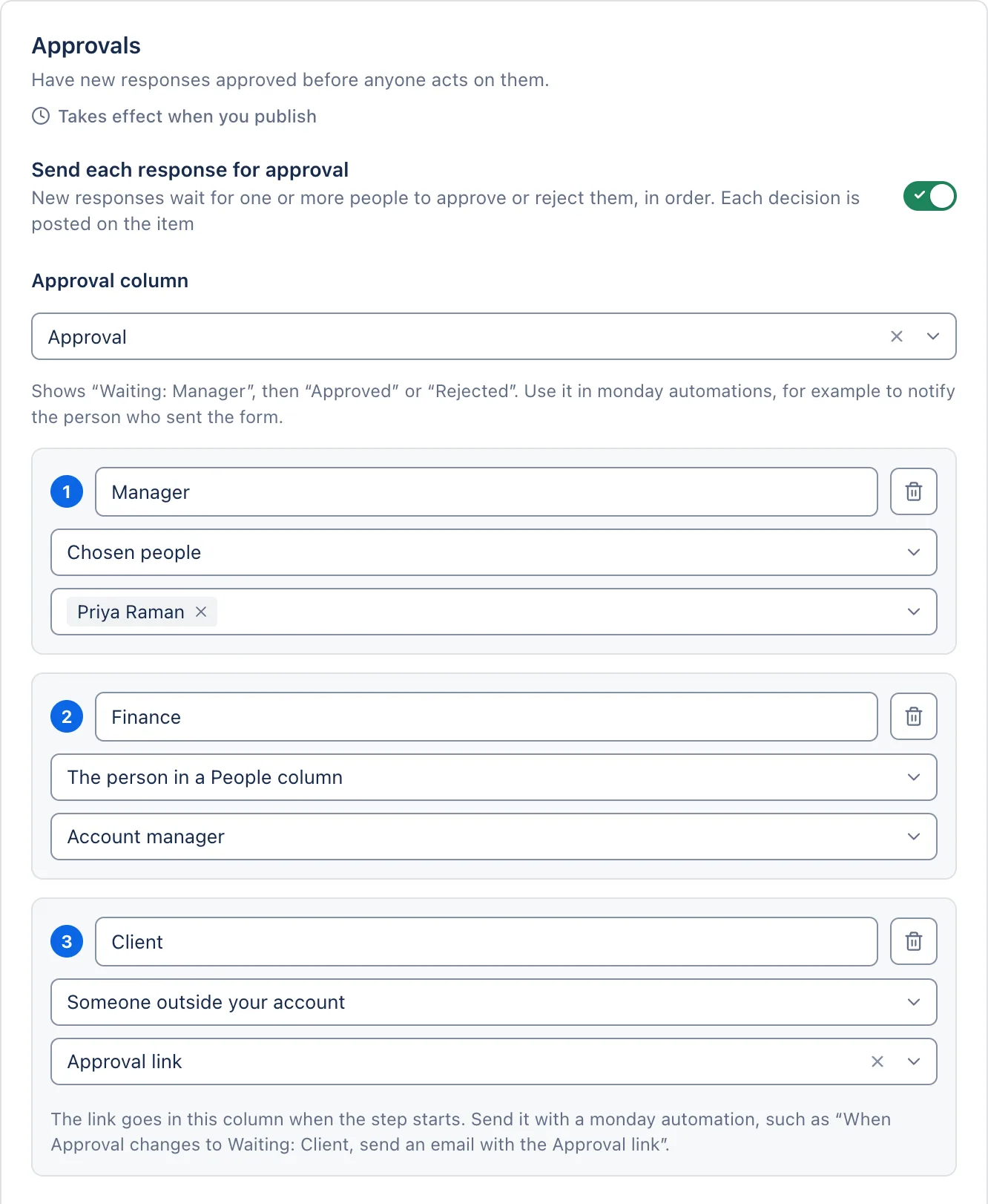 Approvals in three steps: Manager (chosen people), Finance (the person in a People column) and Client (someone outside your account).