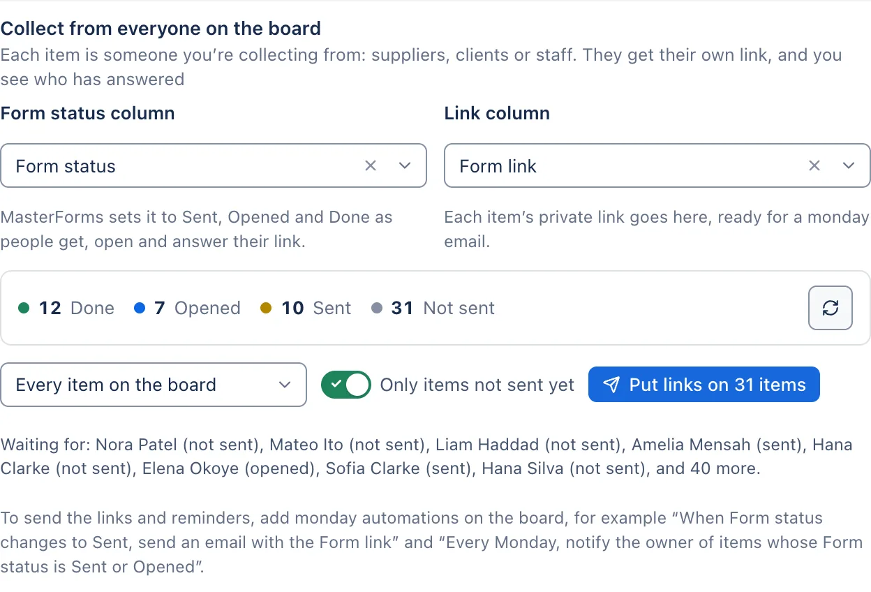 Collect from everyone on the board: 12 Done, 7 Opened, 10 Sent, 31 Not sent, and who MasterForms is waiting for.