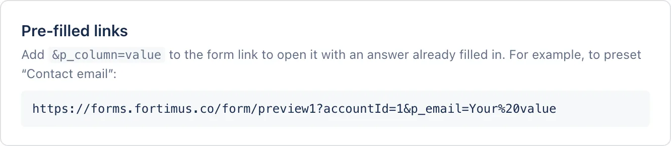 Pre-filled links: an example link that fills in Contact email.