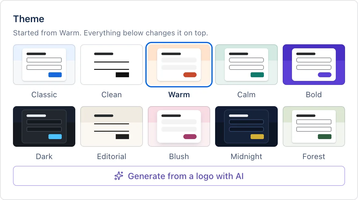 The ten themes, at the top of the Appearance tab.