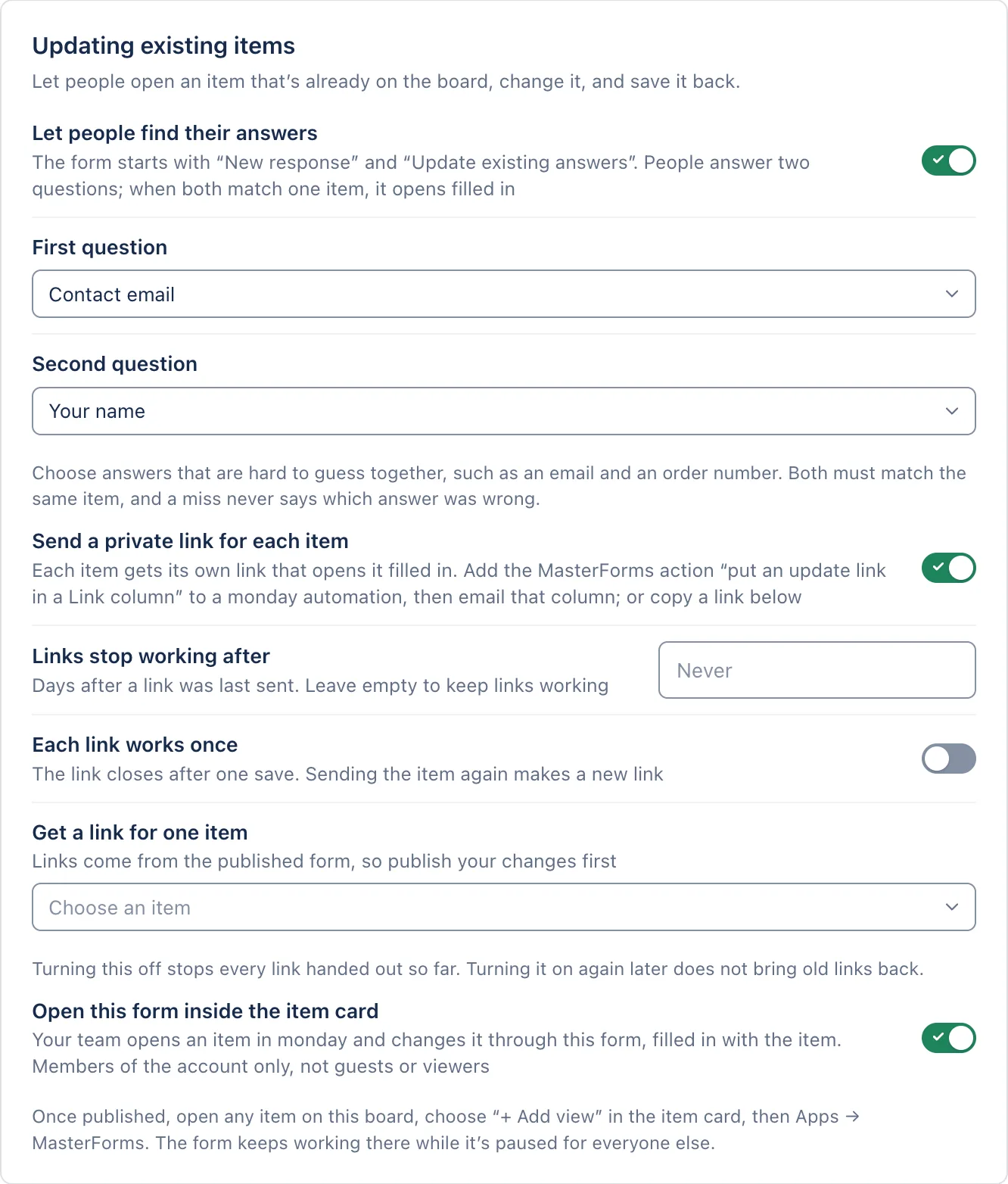 Updating existing items: find your answers, a private link for each item, and the form inside the item card.