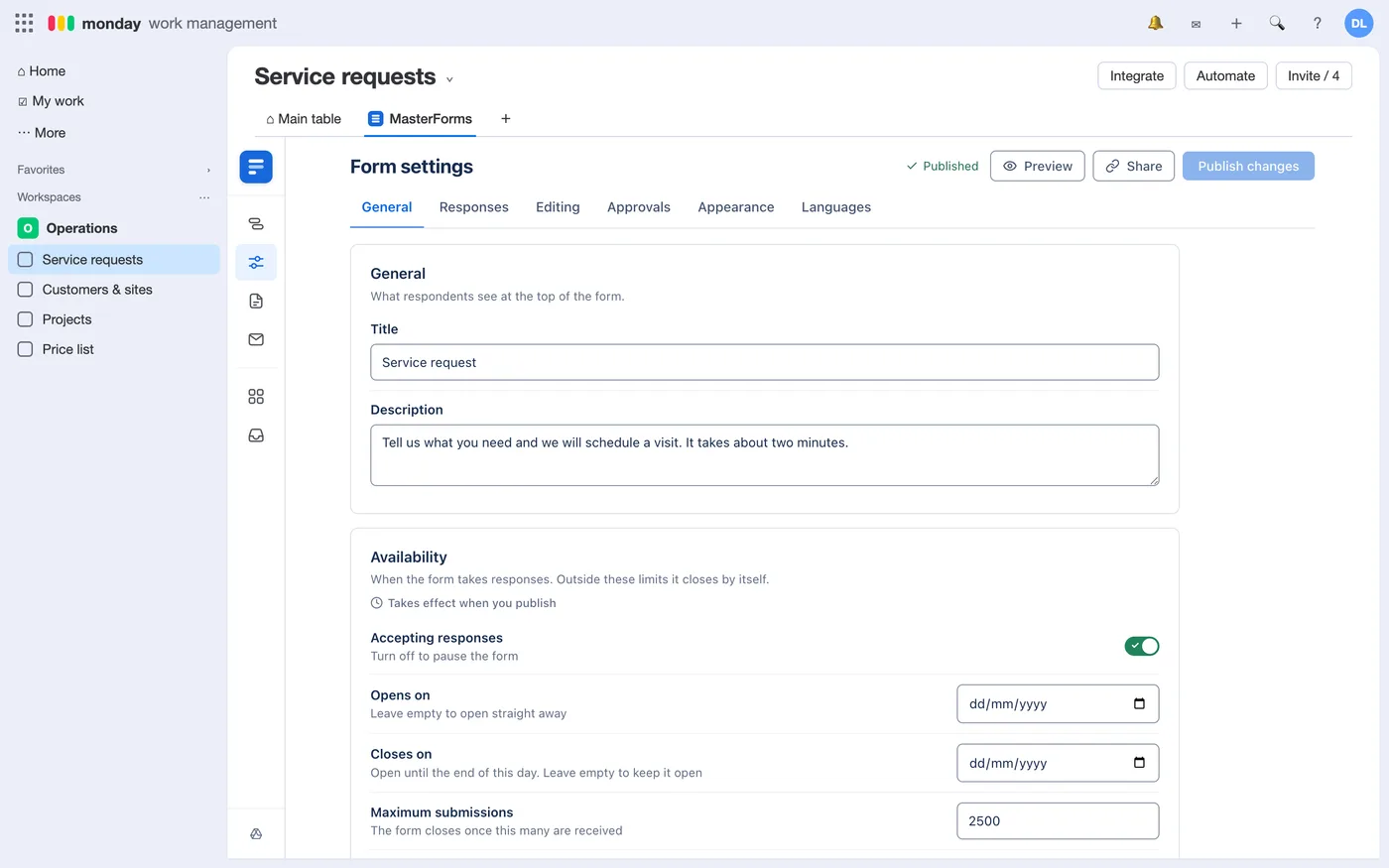 Form settings: six tabs across the top. The General tab has General, Availability and Access.