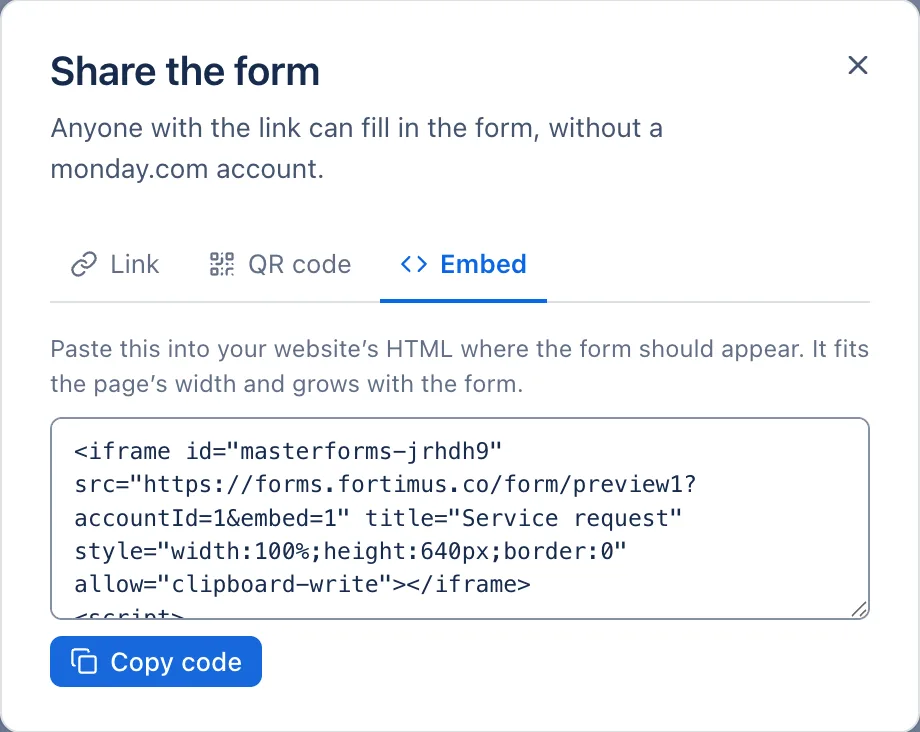 The Embed tab: the code to paste into your website.