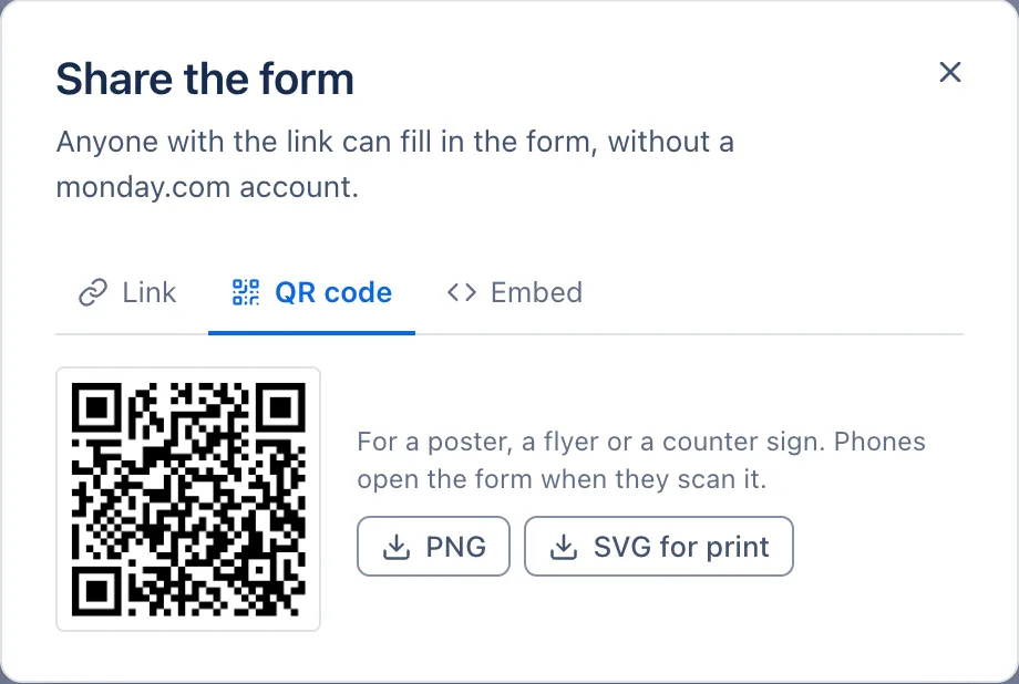 The QR code tab: download a PNG, or an SVG for print.