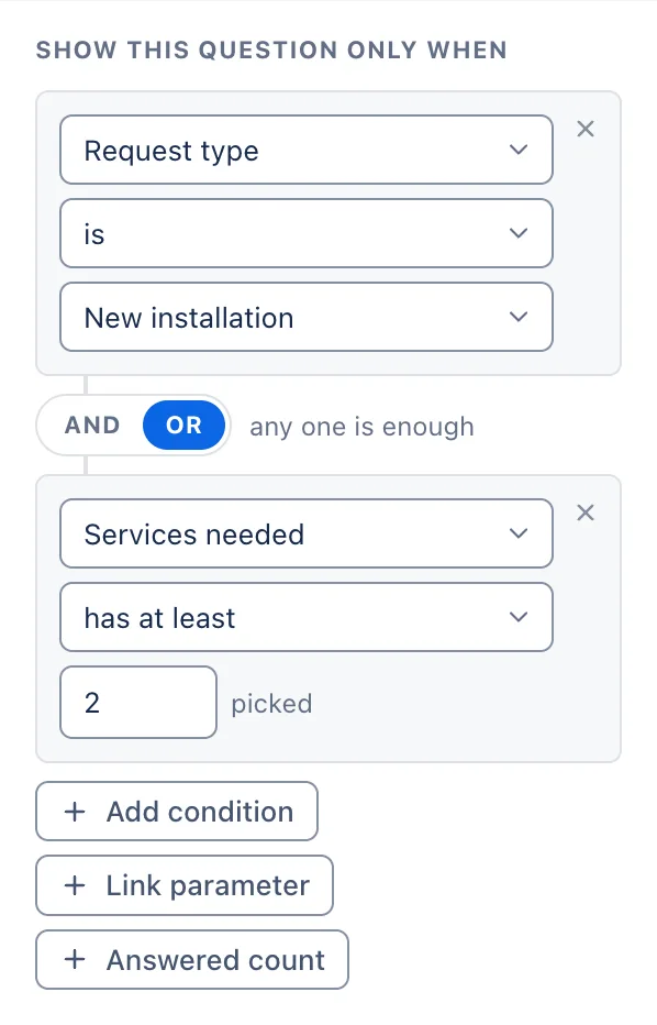 Budget shows when Request type is New installation OR at least 2 services are picked.