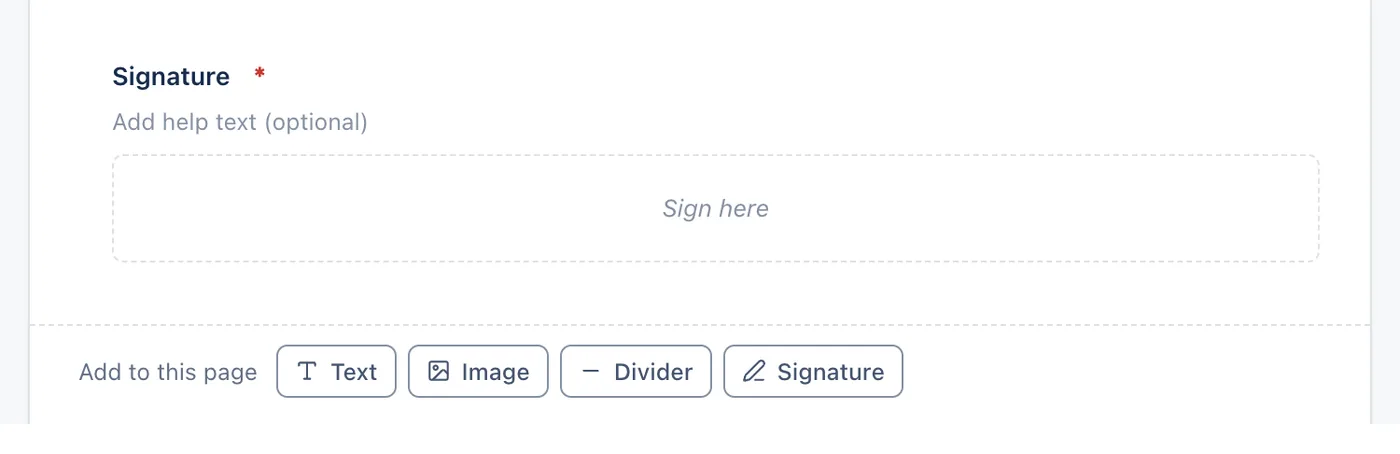A signature box on the form, and Signature under Add to this page.
