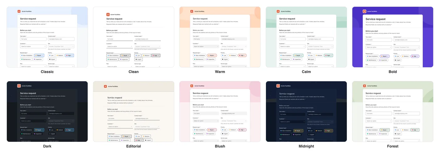 The ten themes: Classic, Clean, Warm, Calm, Bold, Dark, Editorial, Blush, Midnight and Forest.