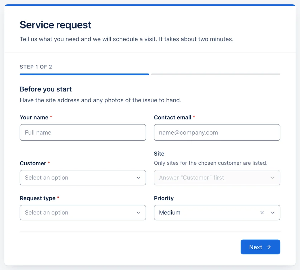 The same Service request form as a respondent sees it, on step 1 of 2