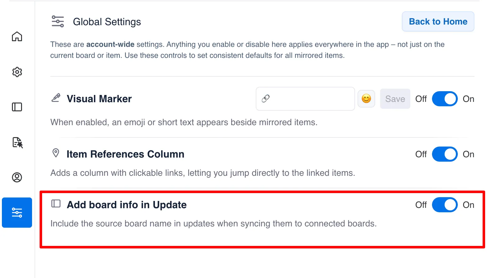 Add Board Info in Update setting in Mirror Item Global Settings