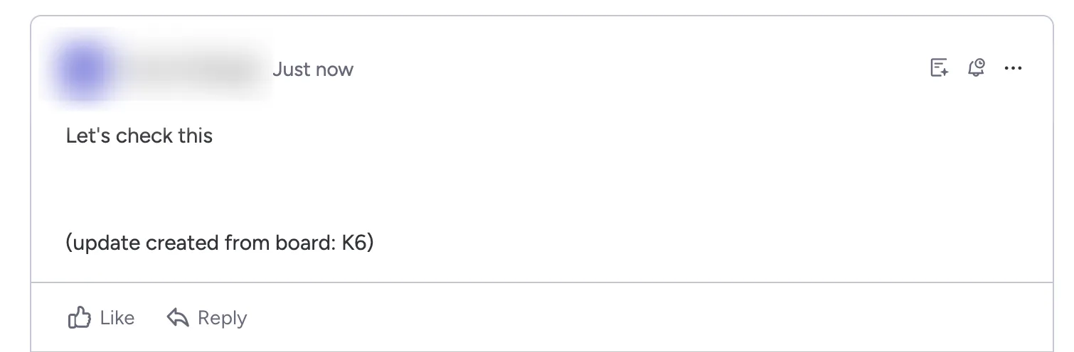 A synced monday.com update showing which board it came from