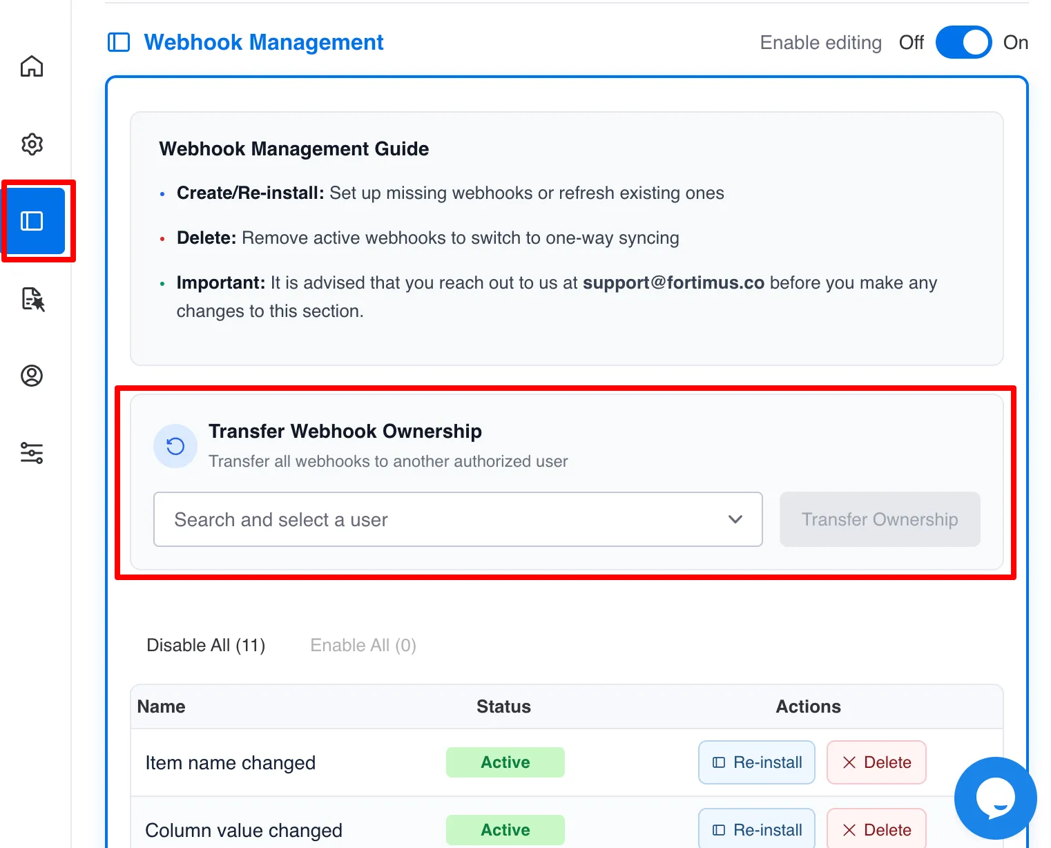 Transfer Webhook Ownership screen in Mirror Item