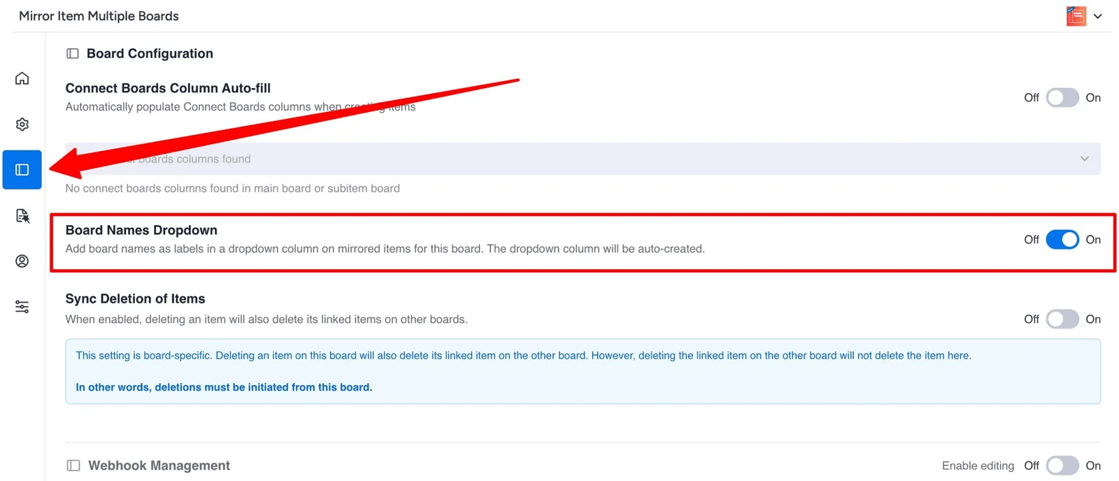 Board Names Dropdown setting in Mirror Item Board Configuration