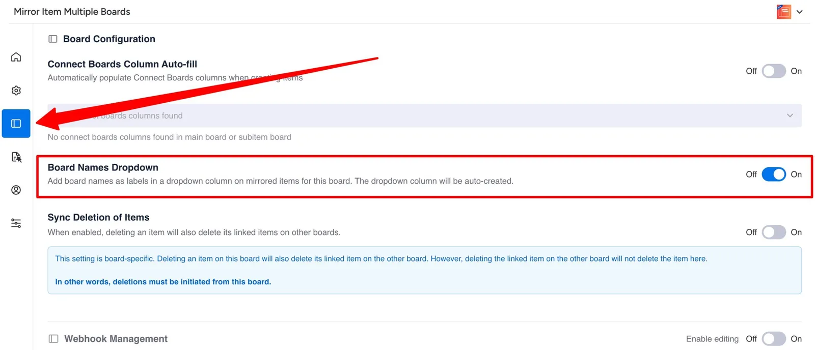 Board Names Dropdown setting in Mirror Item Board Configuration