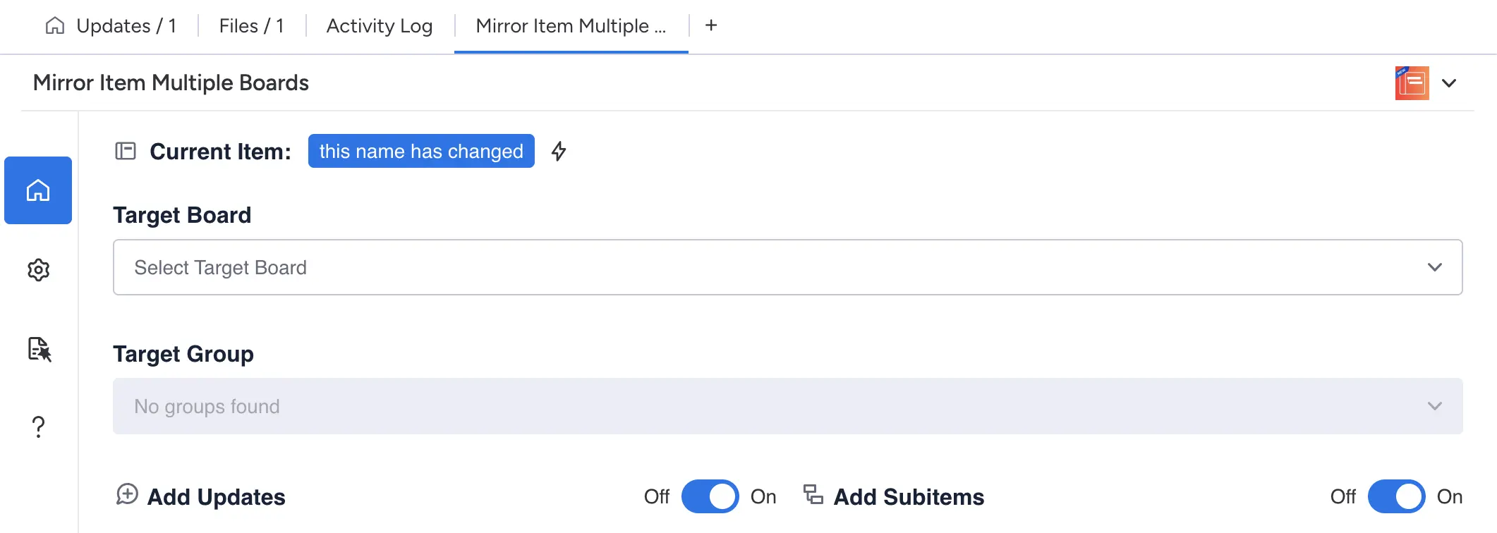 Mirror Item Multiple Boards tab inside a monday.com item: choose Target Board and Target Group, with Add Updates and Add Subitems toggles switched on