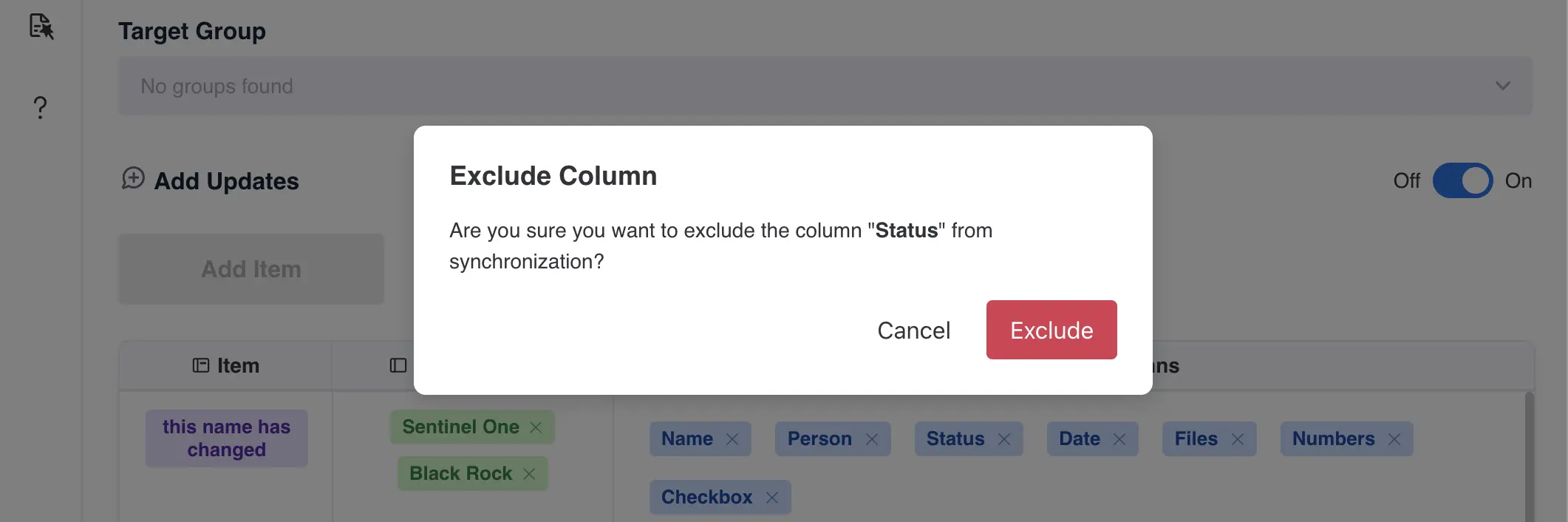 Exclude Column confirmation asking whether to exclude the Status column from synchronization