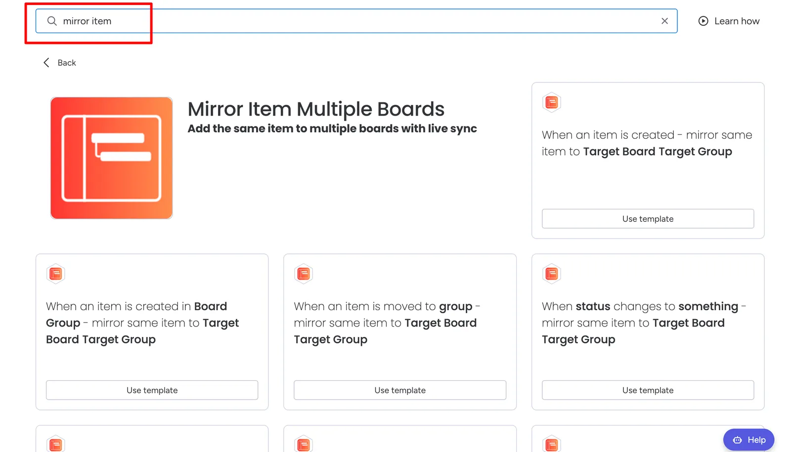 monday.com automation center showing Mirror Item Multiple Boards recipes such as when an item is created, mirror same item to Target Board Target Group
