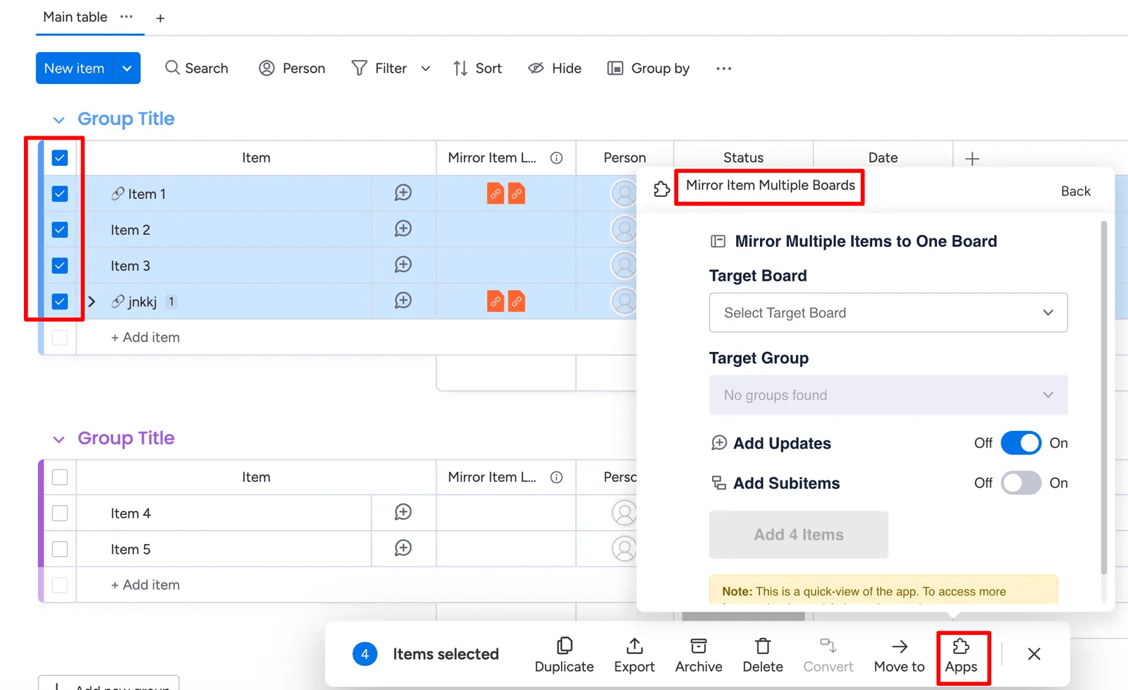 Bulk syncing multiple items using the Multi-Item App View