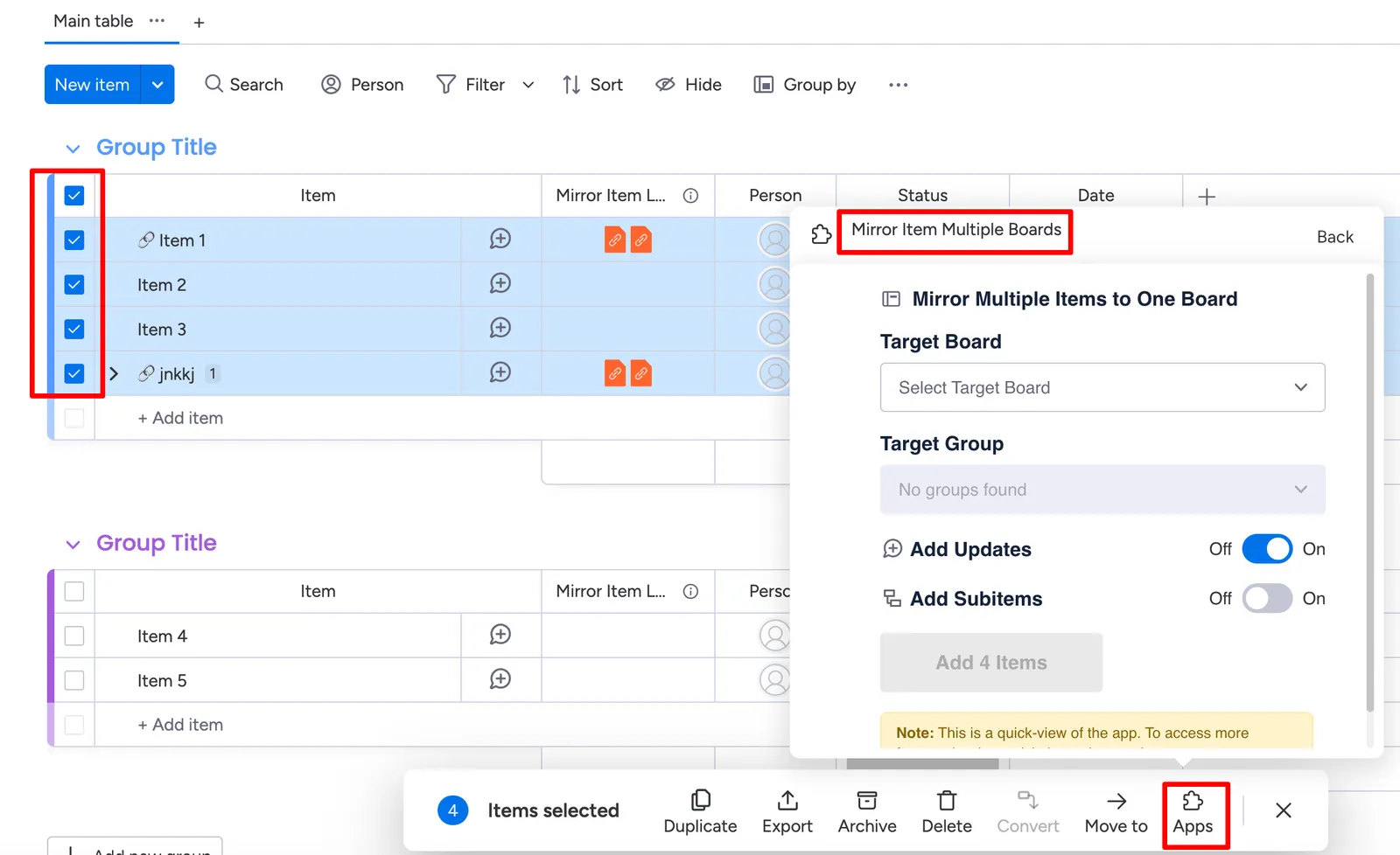 Four monday.com items selected, the Apps button in the bottom bar and the Mirror Multiple Items to One Board panel open