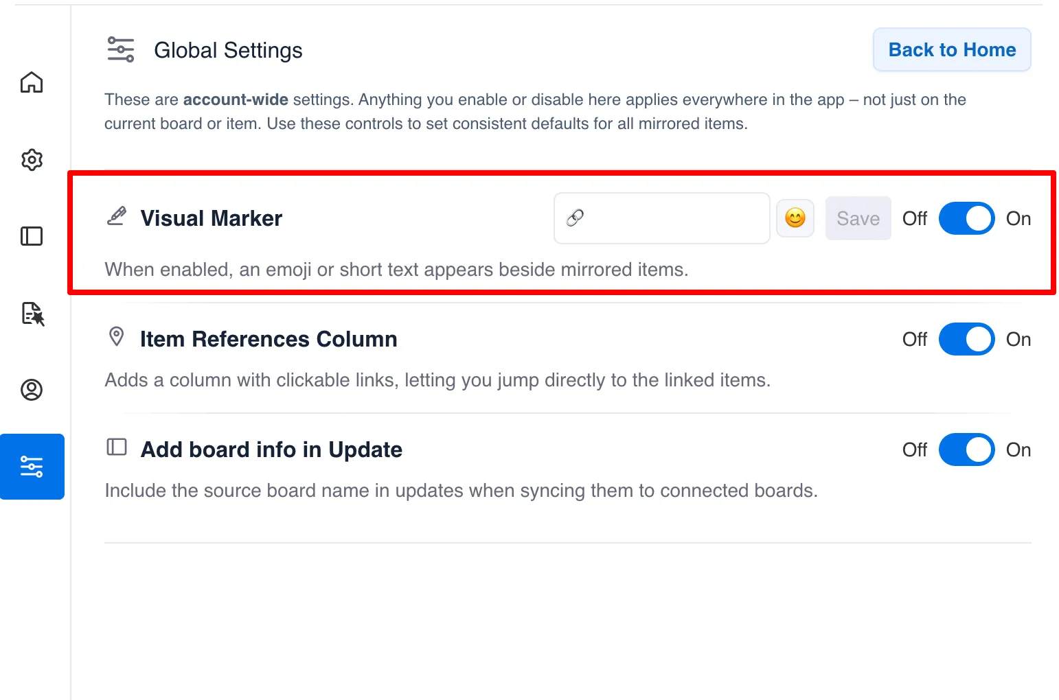 Visual Emoji Indicator setting in Mirror Item Global Settings