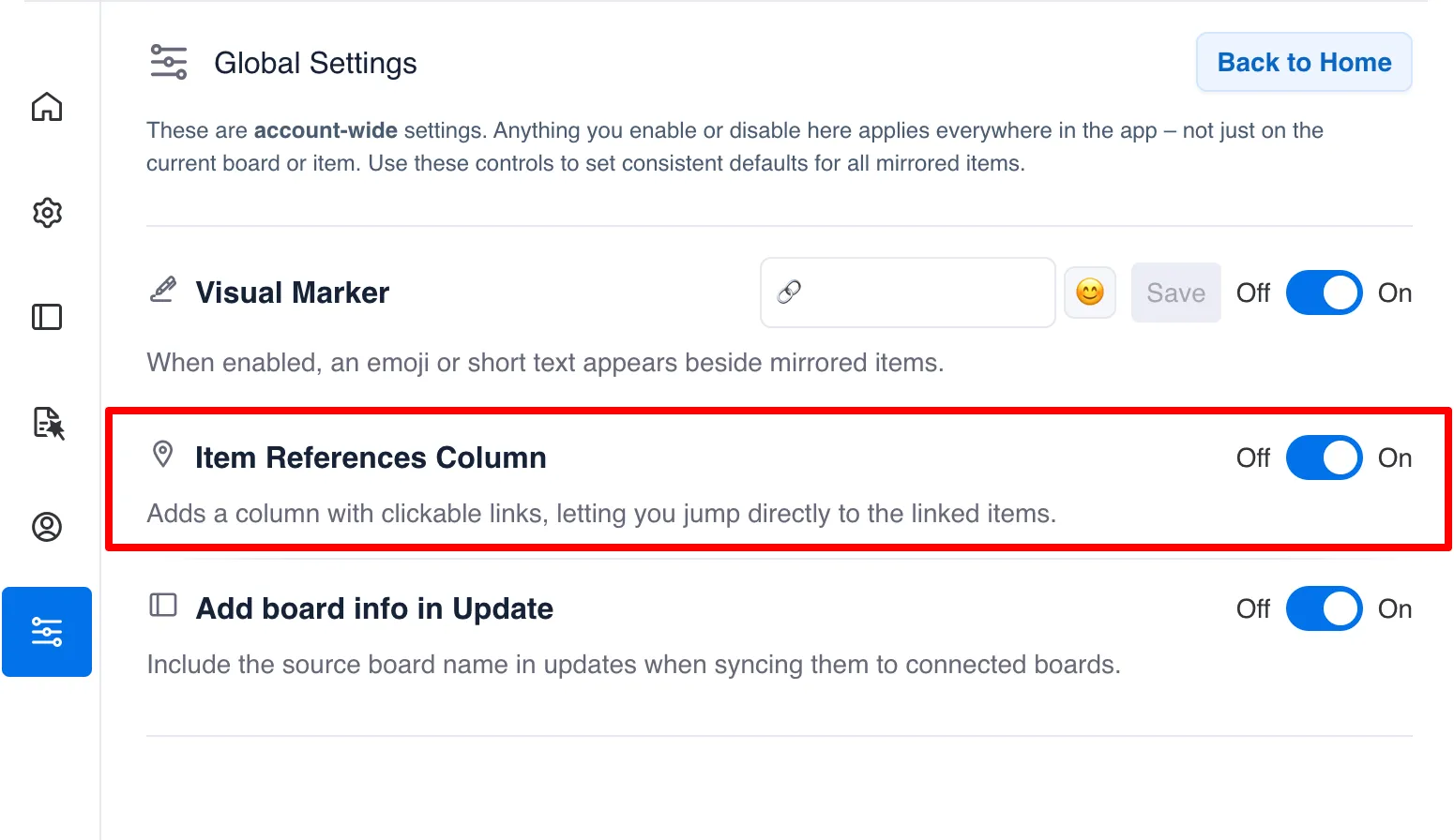 Item References Column setting in Mirror Item Global Settings