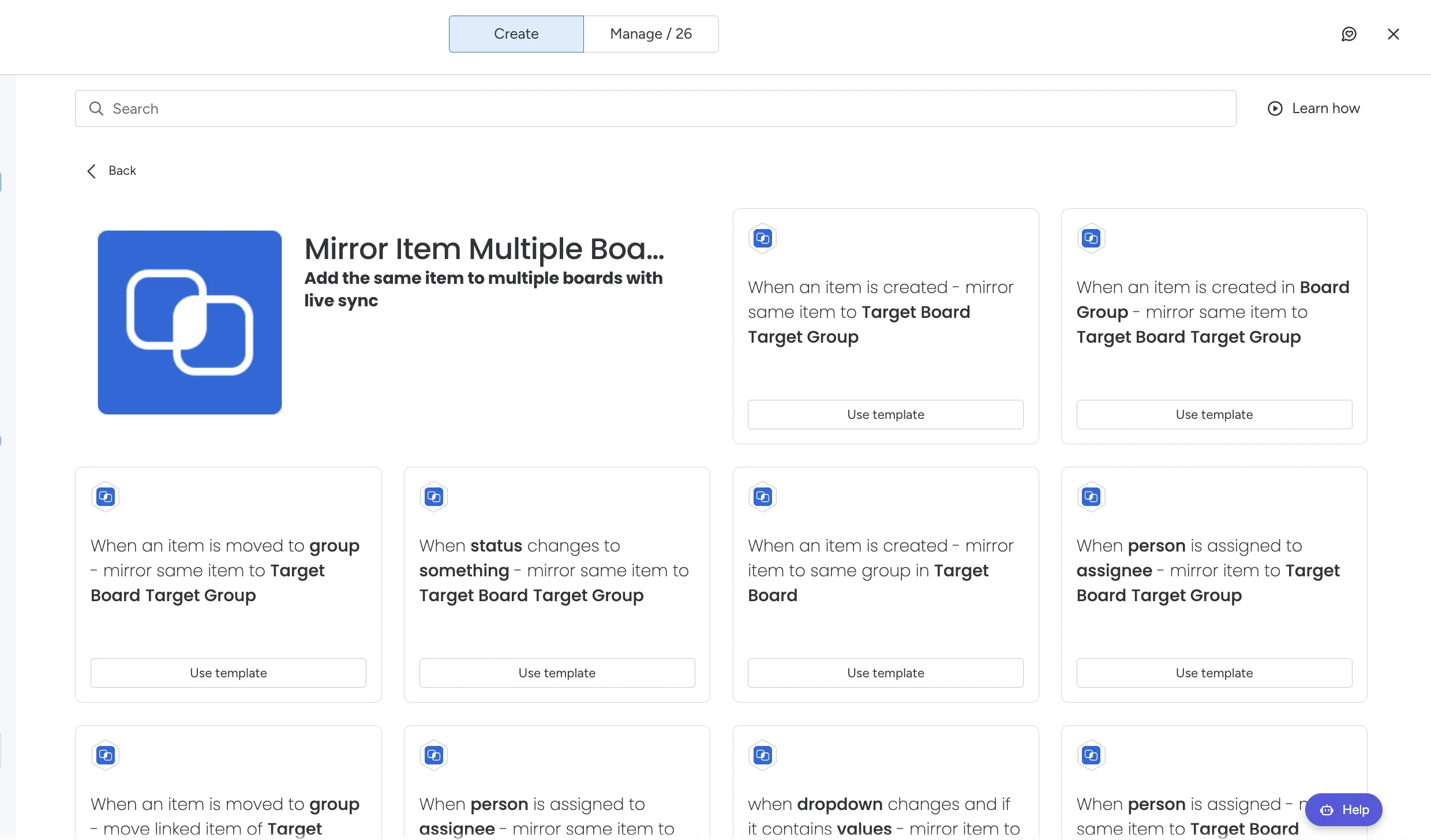 Mirror Item Multiple Boards automation recipes in monday.com, each with a Use template button