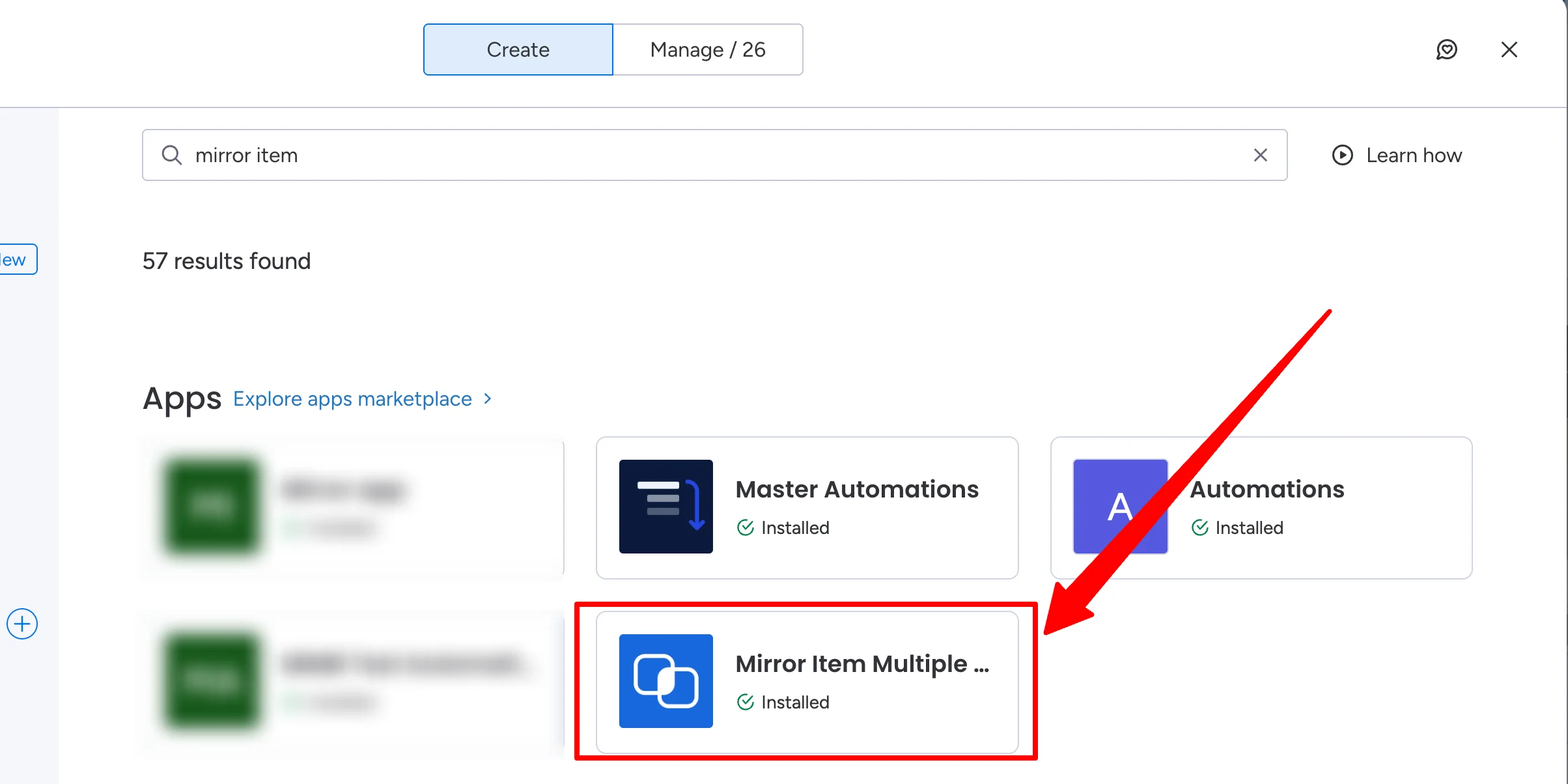 monday.com Automation Center search for mirror item, with the Mirror Item Multiple Boards app highlighted