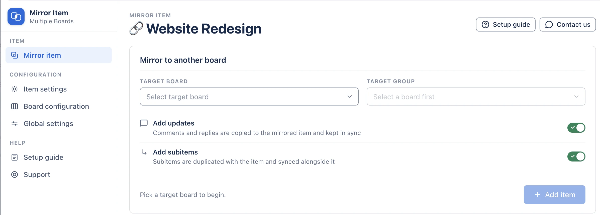Mirror to another board panel with Target Board and Target Group dropdowns and Add updates and Add subitems toggles