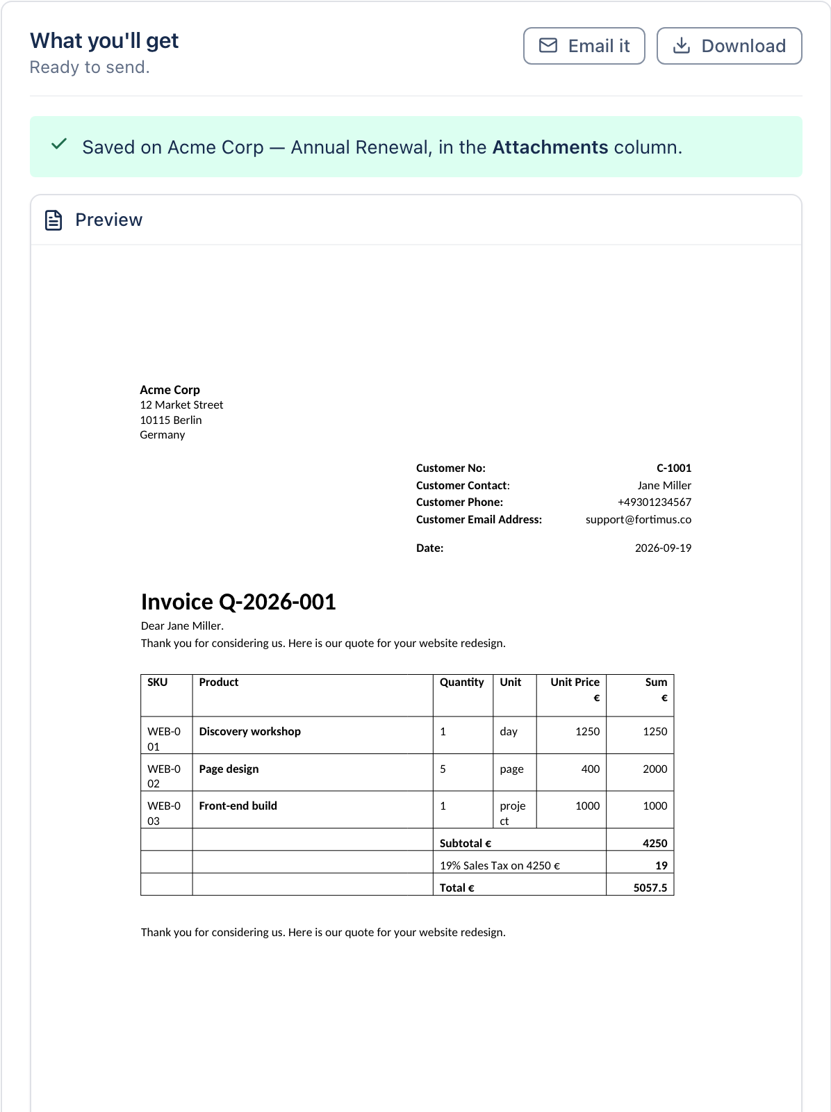 A finished PDF saved on the monday.com item, with Email it and Download buttons