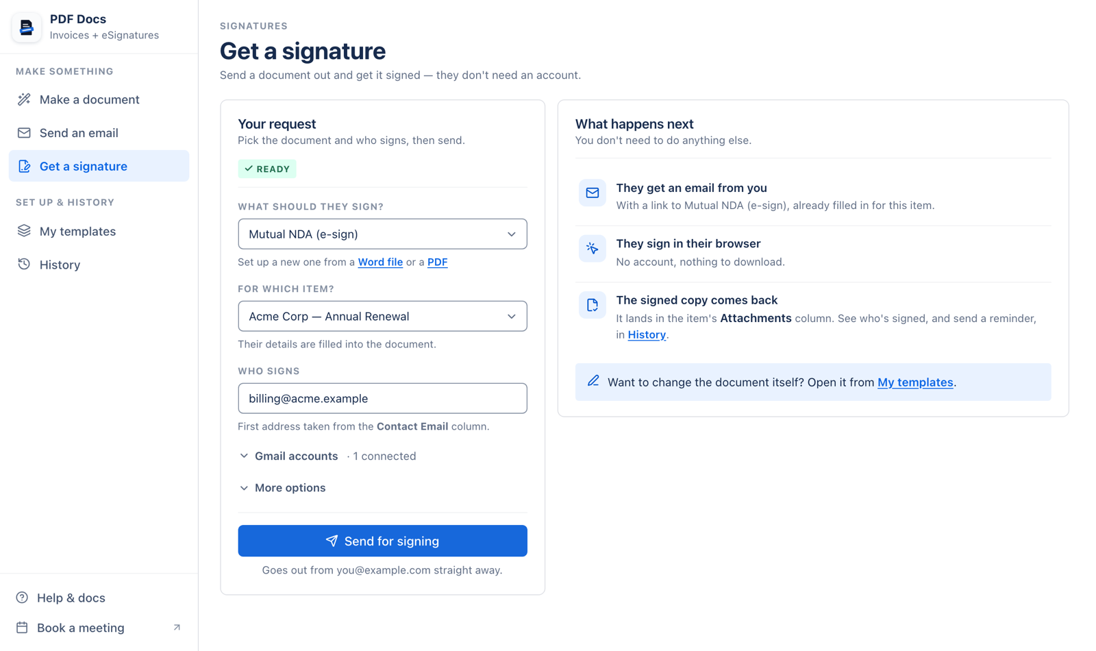 Get a signature in monday.com: pick the document, the item and who signs, then press Send for signing