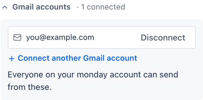 Gmail accounts connected to the app, with Connect another Gmail account and Disconnect