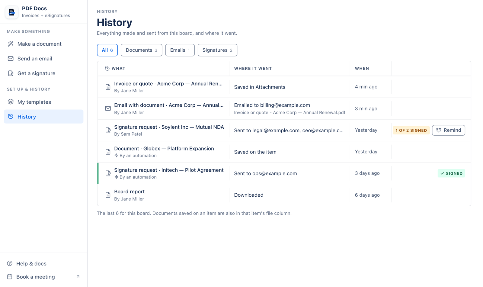 History of documents, emails and signature requests made from the board