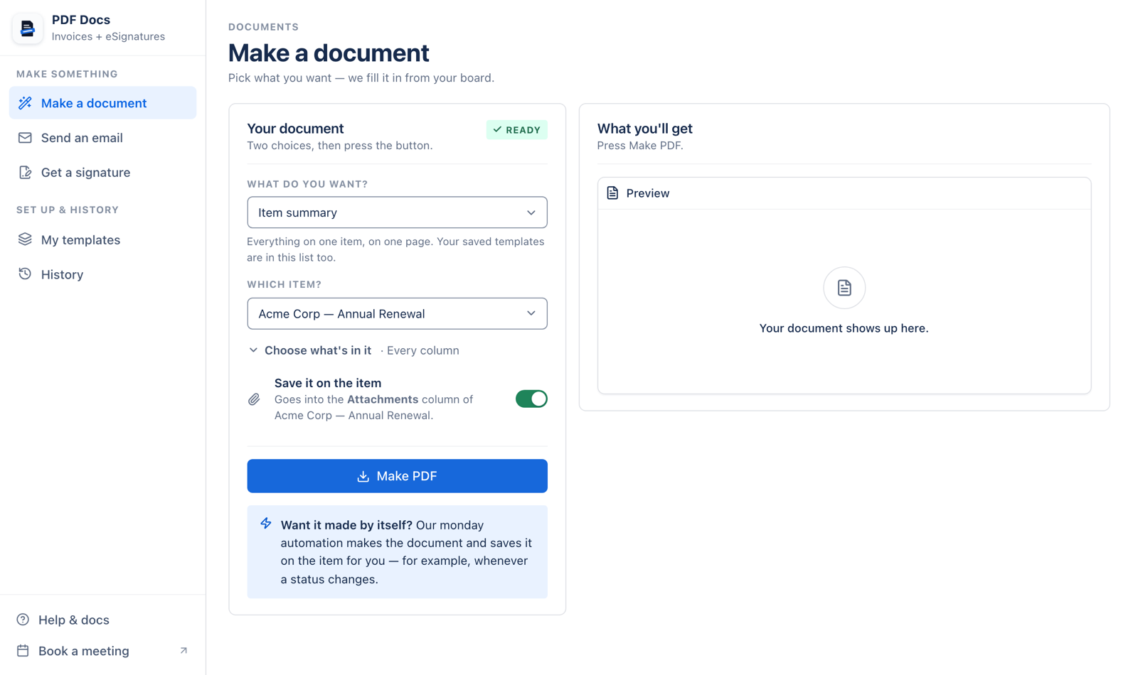 Make a document in PDF Docs for monday.com: choose what you want and which item, then press Make PDF