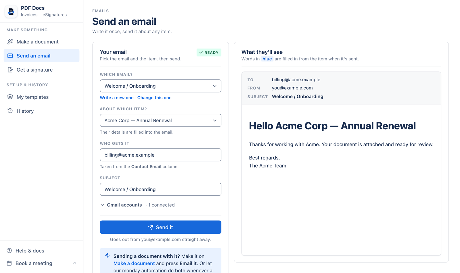 Send an email from monday.com: pick the email template and the item, with a live preview