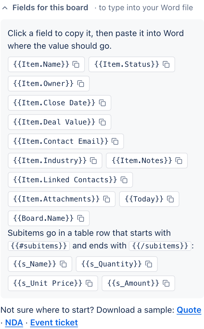 Fields for this board: a list of fields for every monday.com column, click one to copy it into Word