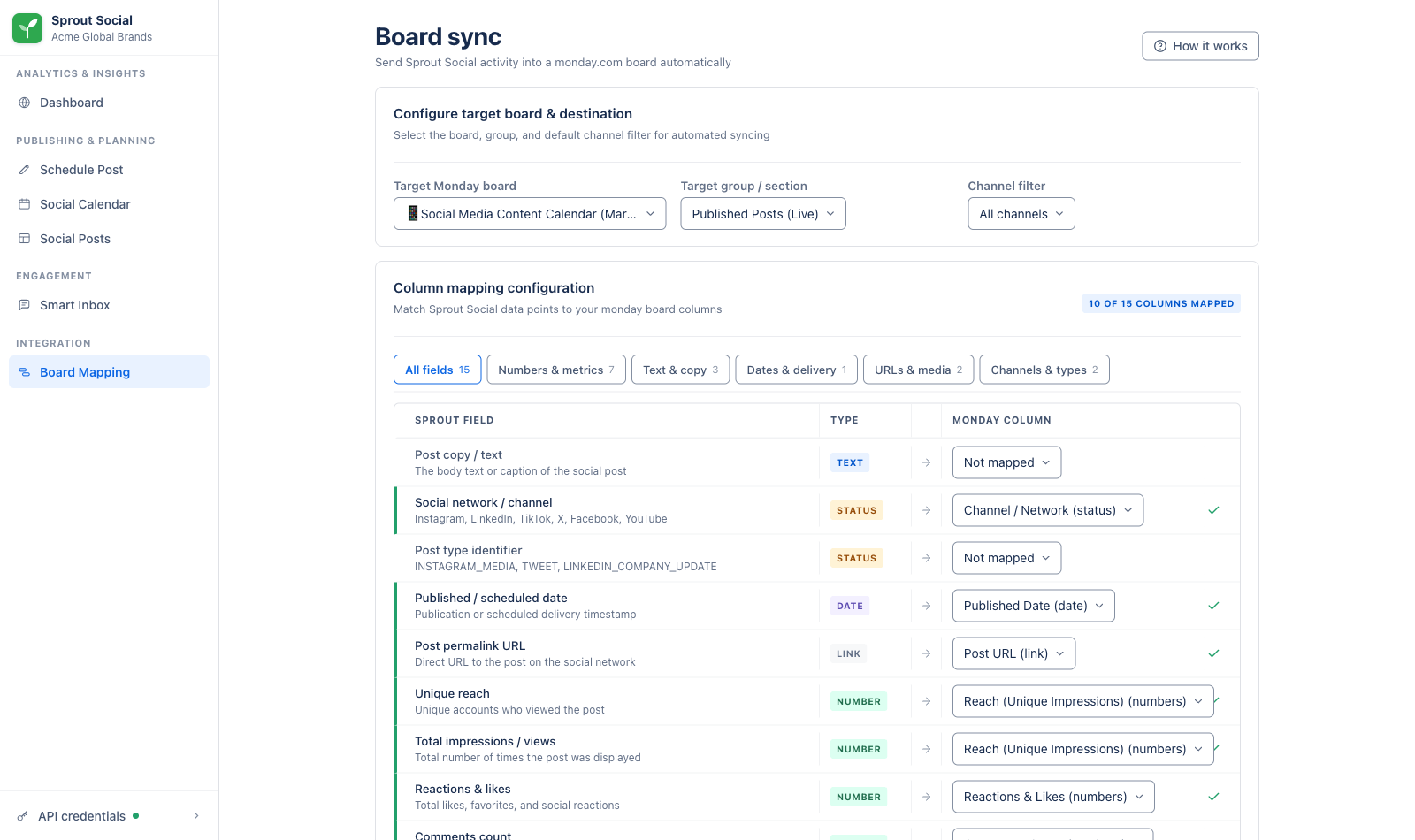 Board Mapping page with target board, group and channel filter, and Sprout fields mapped to monday columns